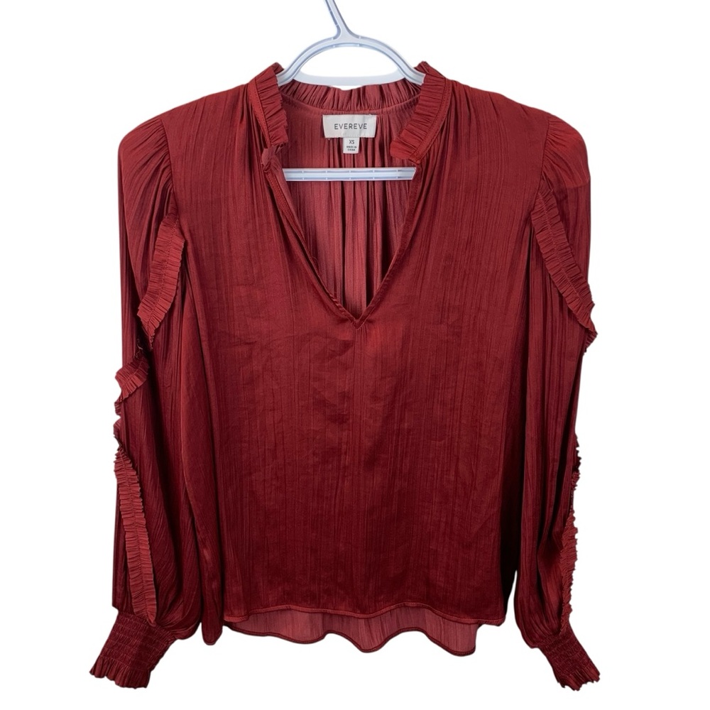 EVEREVE Roan & Ryan Kylee Satin Ruffle Blouse Red Burgundy sz XS Puff Sleeves